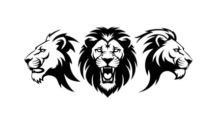 A powerful set of three lion head illustrations, featuring a fierce roaring mascot and two regal profile views in a bold black and white vector style