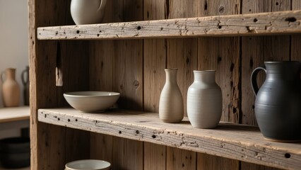 Rustic Charm A close-up view of handcrafted ceramic pottery, including vases, bowls, and pitchers, elegantly arranged on distressed wooden shelves, showcasing a natural and timeless aesthetic