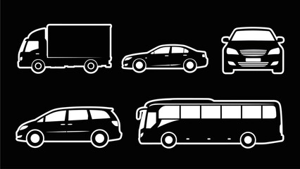Fototapeta premium A diverse vector collection of transportation vehicle icons. This graphic set includes a car, truck, bus, and van as white outline silhouettes