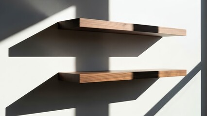 Contemporary wooden floating shelves casting striking, long shadows on a bright white wall, highlighting modern minimalist interior design and the interplay of natural light