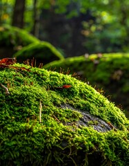 Close-up of lush green moss covering a forest rock, soft light