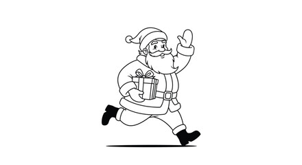 Fototapeta premium Jolly cartoon Santa Claus is depicted running with a wrapped Christmas gift, waving cheerfully during the festive season.
