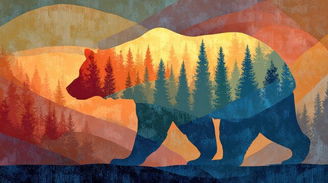 california bear flag transparent silhouette overlaying landscapes and forests, blending textures, cinematic composition, conceptual digital art