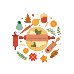 a vector illustration showcasing various baking ingredients and tools, likely for Christmas-themed baking.