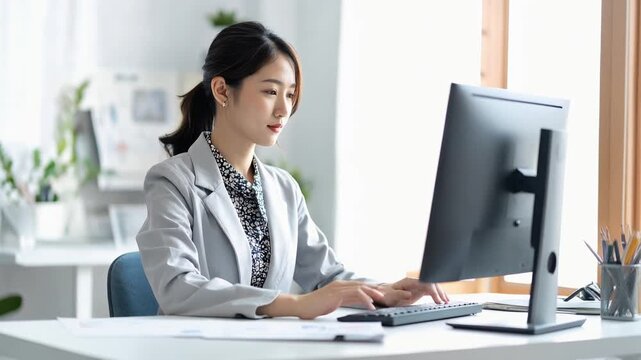 明るいオフィスで集中してデスクトップパソコンを操作するグレーのジャケットを着た若い日本人女性