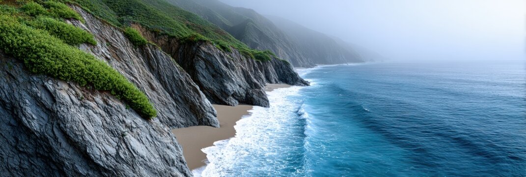 california coastal fog, artistic and ethereal composition captures moody california coastline in dense fog, with hidden cliffs and faint waves