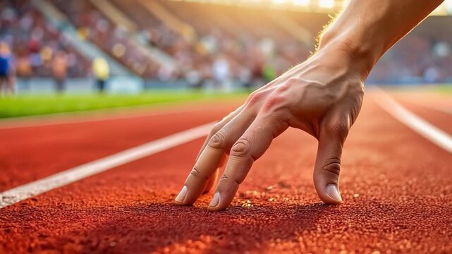 陸上競技場のスタートラインで競技開始を待つ女性選手の引き締まった腕と手