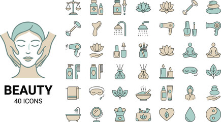 Beauty icons, wellness symbols, skincare tools, spa therapy, facial care, self-care concept, natural products, hygiene, health, relaxation