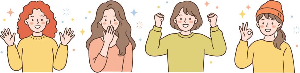 cartoon, people, emotion, gesture, happy, diverse, celebration, joy, surprise, cheerful, sparkles, illustration, character, mood, beanie