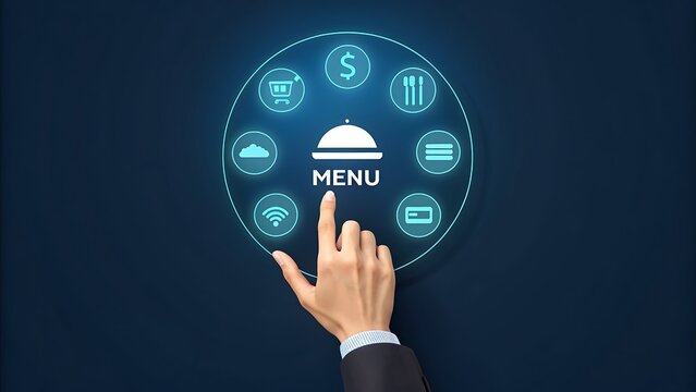Digital menu selection with hand touching glowing icons on modern interface design