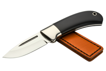 Folding pocket knife with black handle and brown leather sheath on a transparent background
