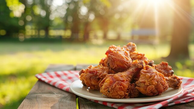 Crispy fried chicken with golden breading on picnic table in sunny outdoor setting