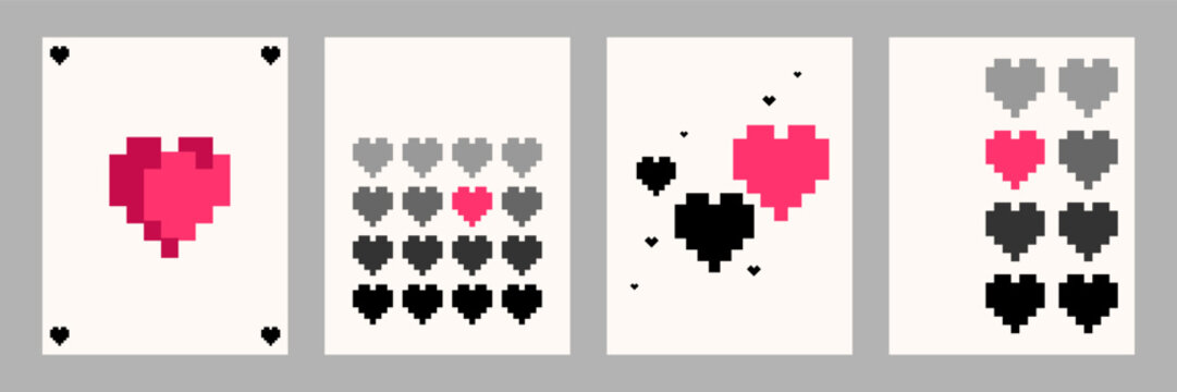Valentine's Day minimal poster template designs set with pixelated hearts in a retro modern style for Valentine's Day cards, digital art, romantic designs, greeting cards, social media graphic. Vector - Powered by Adobe