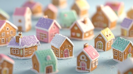 Gingerbread village pieces scattered across pastel cream surface, whimsical layout with left open area