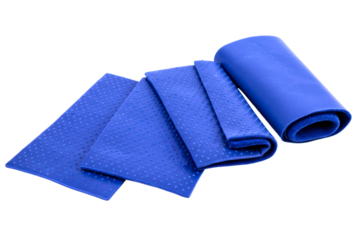 Set of blue textured rubber yoga mats for fitness training on a transparent background
