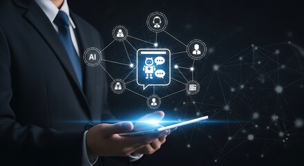 Businessman holding smartphone with glowing chatbot interface connected to network of user icons representing ai communication