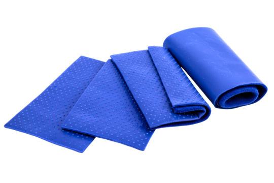 Set of blue textured rubber yoga mats for fitness training on a transparent background