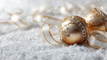 Golden ornaments and pearl-white ribbons scattered across a snowy textured backdrop, elegant spacing with bottom copy space