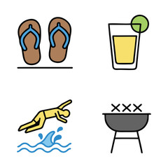 Summer Fun and Vacation Icons: Flip-Flops, Diving, Cocktail, and BBQ Grill