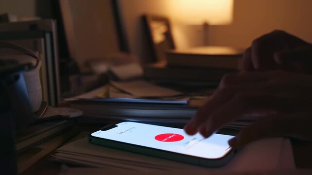 A close-up view of a smartphone displaying an application interface, focusing on the user interacting with the device in a dimly lit environment filled with books and paperwork.