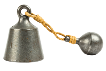 Antique cast iron weight connected to metal ball with rope on a transparent background