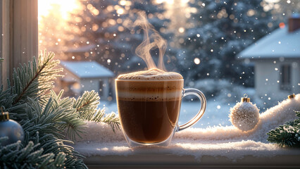 Hot Coffee on Snowy Windowsill with Winter Sunlight and Christmas Decor