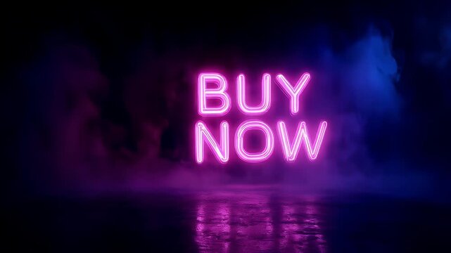 Holiday shopping season. Retail business promotion concept. A neon sign with the words BUY NOW illuminated in pink against a dark, smoky backdrop.