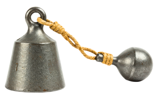 Antique cast iron weight connected to metal ball with rope on a transparent background