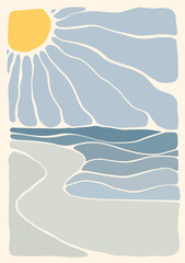 Hand draw sunrise on beach lanscape panorama. Beach and mountains organic lines matisse style, naive art, contemporary backgrounds vector illustration