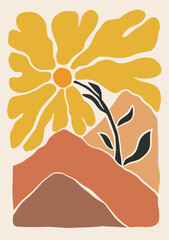 Sunflower and mountains boho and mattise style hand drawn floral and landscape illustrations