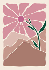 Sunflower and mountains boho and mattise style hand drawn floral and landscape illustrations