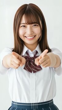 カメラに向けて両手で指さす、夏服の女子高生（縦型動画）