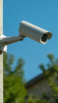 Outdoors. A moving security camera installed on a utility pole (vertical video)