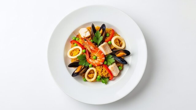 Overhead Shot Of A Vibrant Seafood Paella With Mussels Shrimp Squid And Fish On A White Plate
