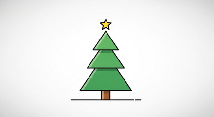 A minimalist illustration of a green christmas tree with a yellow star on top and a brown trunk set against a clean white background with simple line art suggesting snow or ground