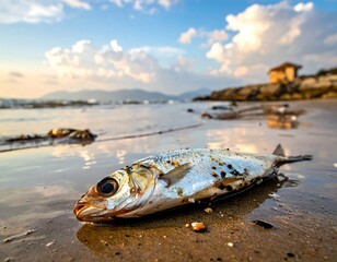 Fish washes ashore on a sandy beach at sunset, waves and distant mountains fading into the horizon