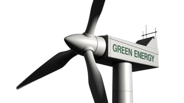 A wind turbine with 'GREEN ENERGY' text on its nacelle, featuring dark blades, symbolizing renewable power against a transparent background. background removed - Powered by Adobe