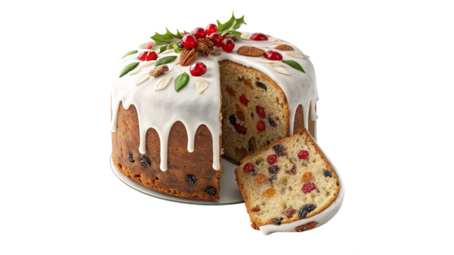 Traditional Christmas Fruit Cake with White Icing and Slice Isolated on Transparent Background