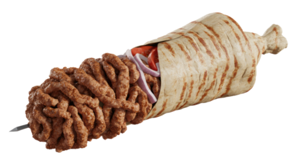 A mouth-watering grilled minced meat kofta/kebab skewer with fresh onions and tomatoes, partially wrapped in a warm flatbread. background removed