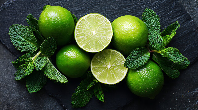 Fresh whole and sliced green limes with mint leaves arranged on a dark slate surface, perfect for cocktail and cooking ingredients.