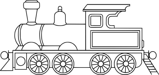 Black and White Line Drawing of a Classic Steam Locomotive