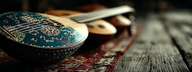 three musical instruments lined up on a colorful rug