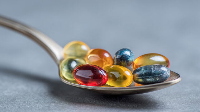 Colorful Softgel Vitamins on Spoon in Close-Up View. Close-up image of multicolored softgel vitamin capsules on a spoon, representing nutrition, wellness supplements and daily healthcare routines.