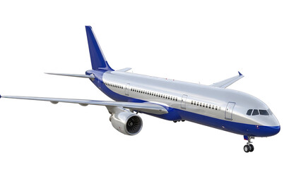 Modern commercial airplane with silver and blue color for travel flight transport