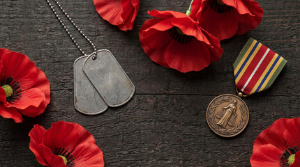 Commemoration of President Day in the USA with poppies and military medals on display