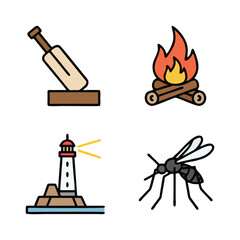 Outdoor Activity and Nature Icons: Cricket, Campfire, Lighthouse, Mosquito