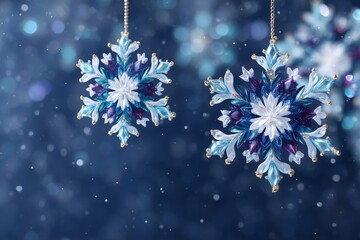 Two decorative snowflakes on chain with glitter effect. Winter holiday season decoration for Christmas and New Year celebration card.