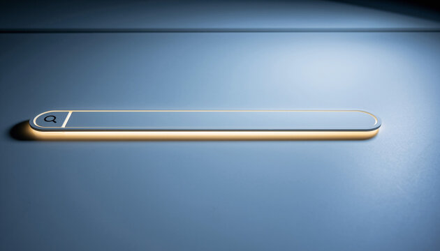 Sleek search bar on a blue background, glowing subtly. Concept for online discovery, modern web design, or information retrieval. Minimalist style, clean aesthetic.