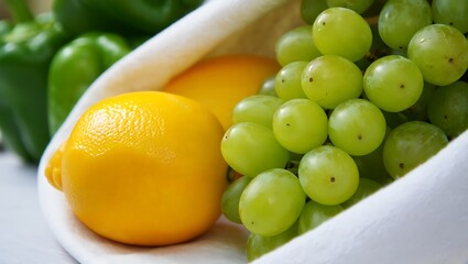 A close up of a bright yellow lemon and a bunch of fresh green grapes nestled in a white cloth with green peppers in the background