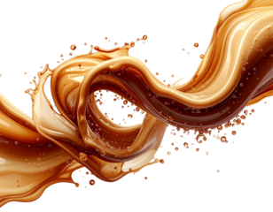 Floating Coffee Cream Splash Ribbon with Suspended Micro Bubbles, Curved Motion, Isolated